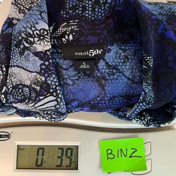 East 5th Blouse Button Up Womens L Semi Sheer Black Blue Abstract Long Sleeve - Picture 13 of 13